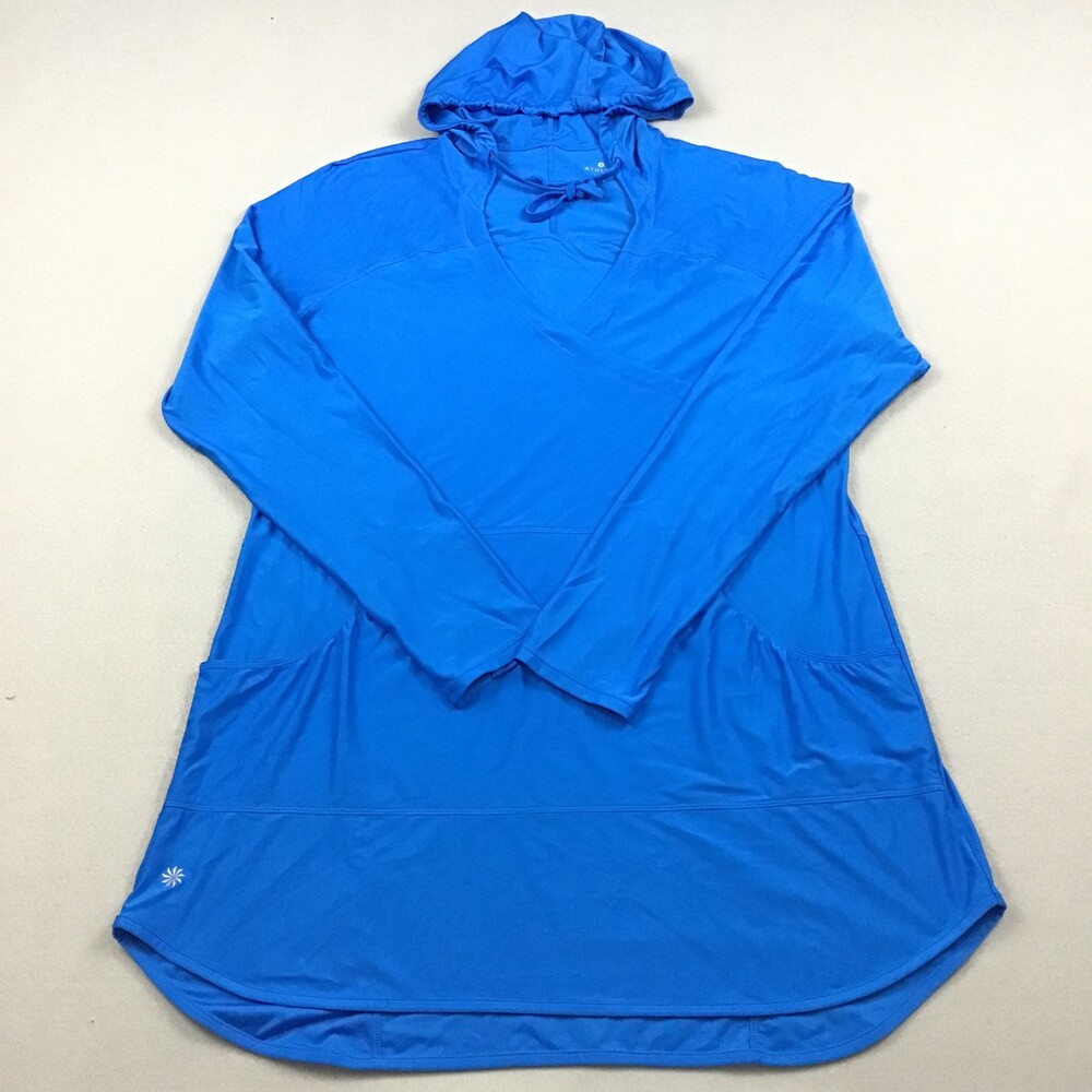 Athleta Dress Women 1X Plus Blue Solid Pullover Lightweight Hood Long Sleeve Gym